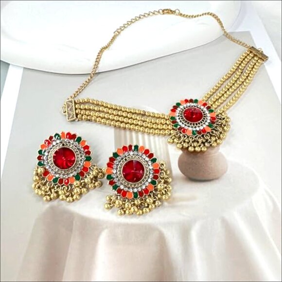 Gold Plated Enamel Red CZ Beaded Tassel Stud Earrings Layered Choker Necklace - Picture 4 of 7